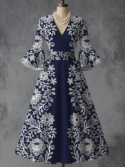 Floral Art Print V-Neck Flare Sleeve Vintage Elegant Dress