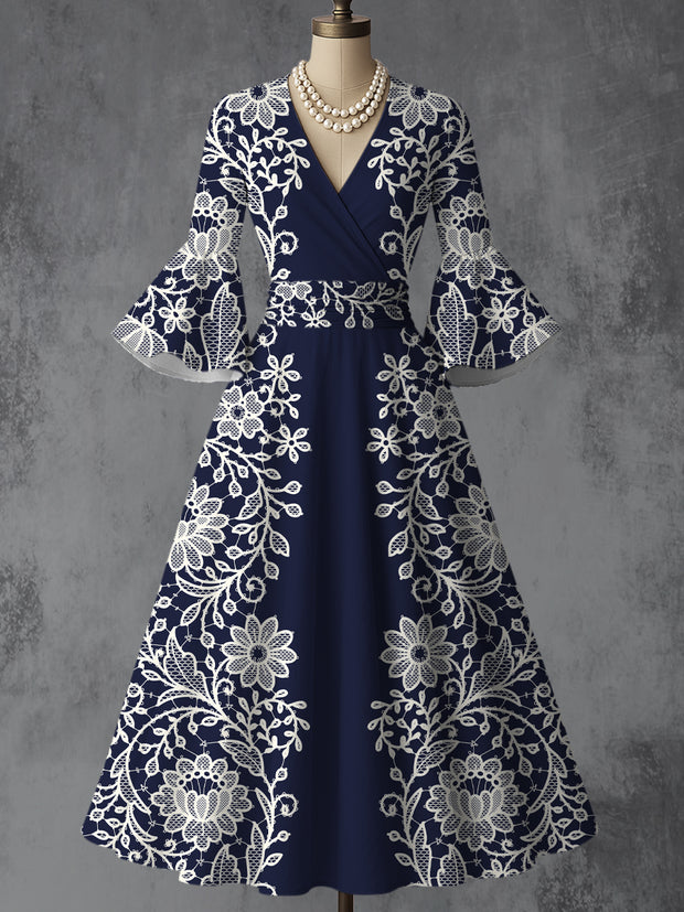Floral Art Print V-Neck Flare Sleeve Vintage Elegant Dress