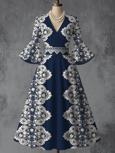Retro Floral Art Printed V-Neck Vintage Chic Pleated Waist Flare Sleeve Midi Dress