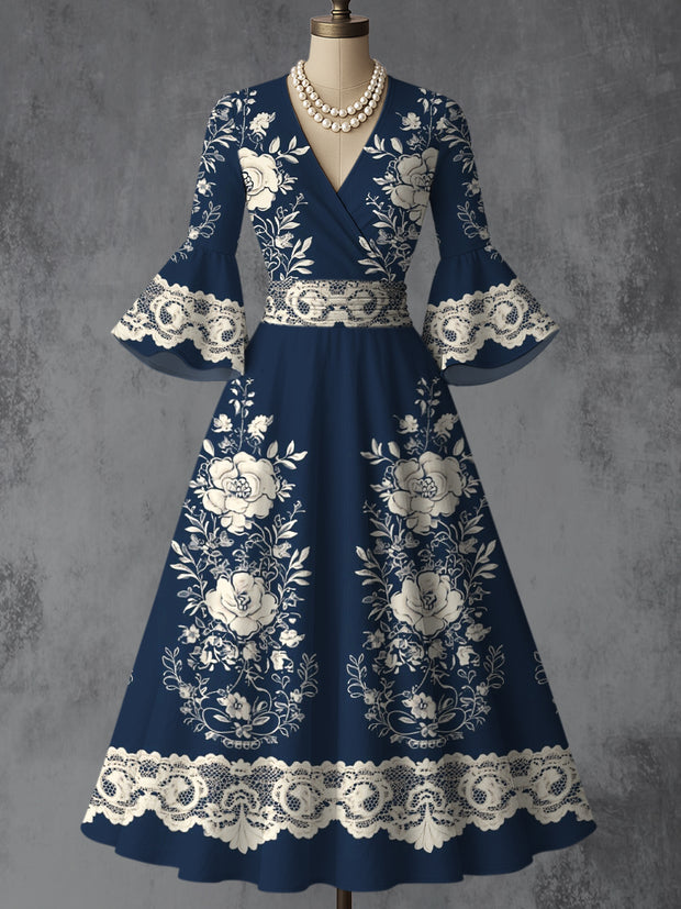 Retro Floral Art Printed V-Neck Vintage Chic Pleated Waist Flare Sleeve Midi Dress