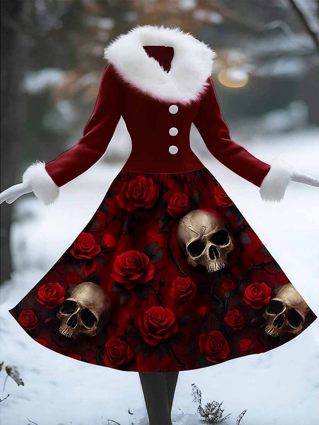 Gothic Floral Art Printed Vintage Elegant Furry Fur Collar Long Sleeve Midi Dress
