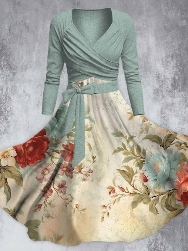 Retro Floral Art Printed Vintage Unique Slim Fit Cross Wrap Long Sleeve Two-Piece Midi Dress