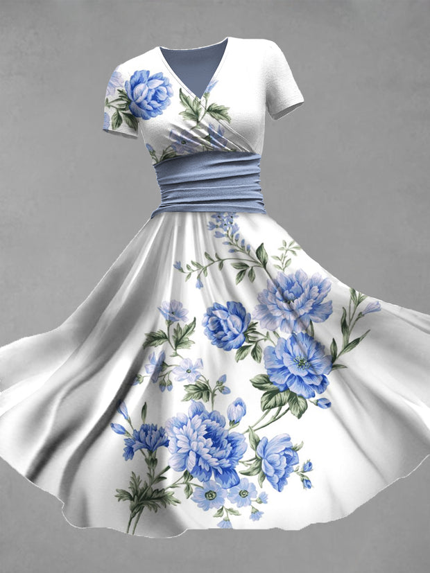 Retro Floral Art Printed Vintage V-Neck Pleated Waist Short Sleeve Midi Dress