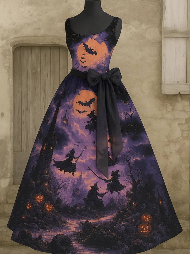 Retro Gothic Floral Art Print V-Neck Sleeveless Cotton Maxi Dress