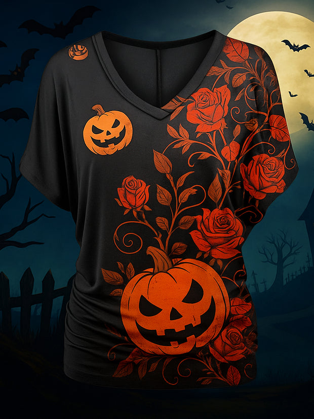 Retro Happy Halloween Floral Printed Vintage Lapel V-Neck Vintage Relaxed Loose Batwing Sleeve Top
