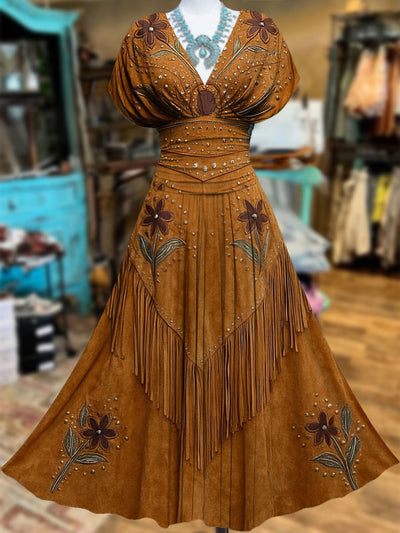 Retro Suede Fringes Floral Carved Art V-Neck Vintage Batwing Short Sleeve Maxi Dress