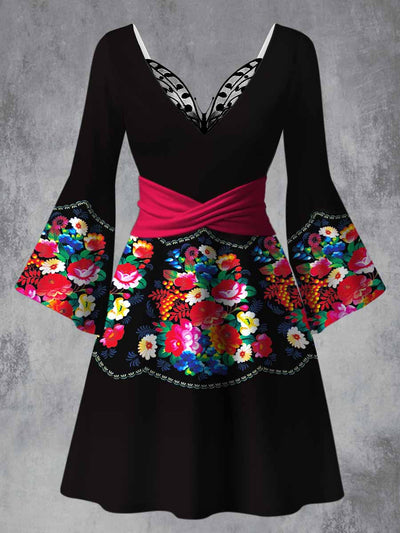 Retro Floral Art Printed Vintage Lace Butterfly Pleated Waist Long Sleeves Midi Dress