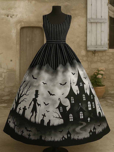 Retro Gothic Floral Art Print Vintage V-Neck Sleeveless Cotton Maxi Dress