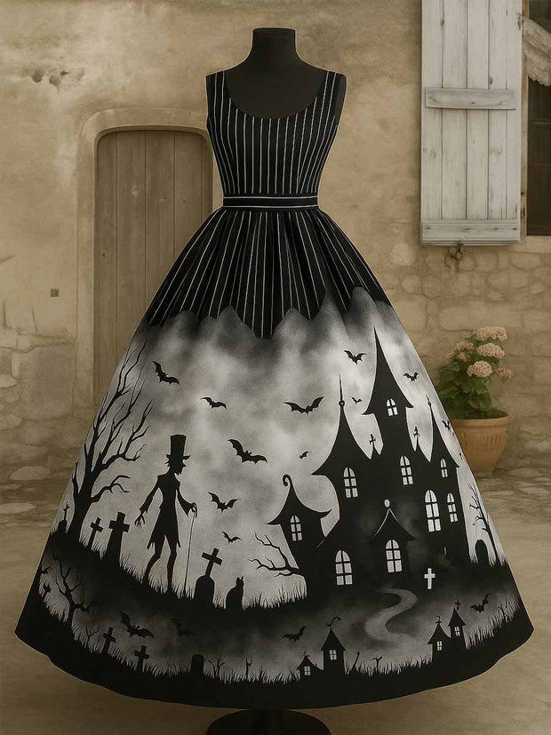 Retro Gothic Floral Art Print Vintage V-Neck Sleeveless Cotton Maxi Dress