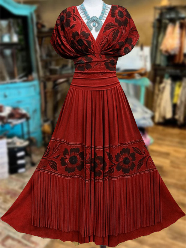 Retro Suede Fringes Floral Carved Art Printed Elegant V-Neck Vintage Batwing Short Sleeve Maxi Dress