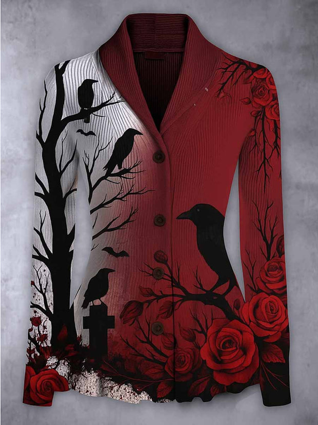 Gothic Crow Floral Art Print Vintage Lapel V-Neck Long Sleeve Button-up Cardigan Top