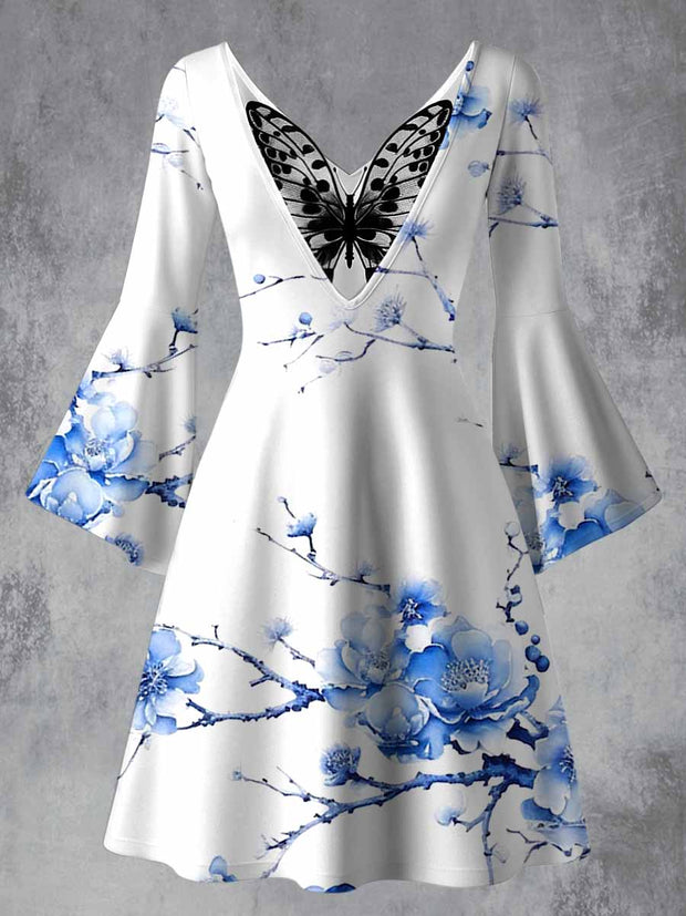 Retro Floral Art Printed Vintage Lace Butterfly Pleated Waist Long Sleeves Midi Dress