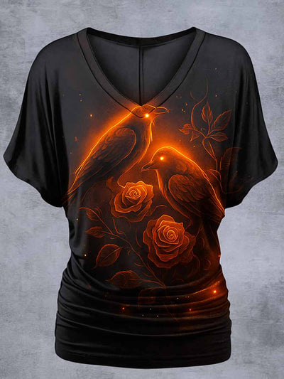 Retro Happy Halloween Floral Printed Vintage Lapel V-Neck Vintage Relaxed Loose Batwing Sleeve Top