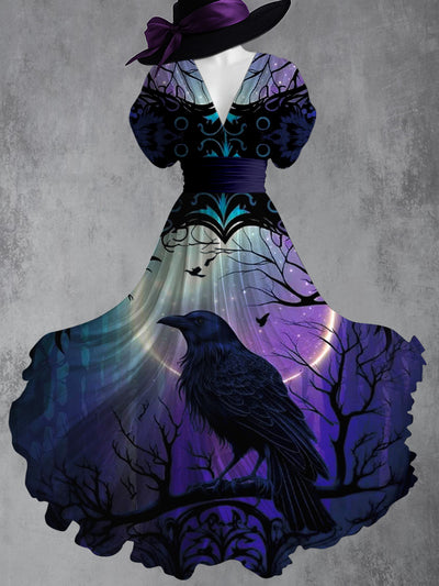 Retro Crow Art Printed Elegant V-Neck Vintage Batwing Short Sleeve Maxi Dress