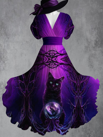 Retro Black Cat Art Printed Elegant V-Neck Vintage Batwing Short Sleeve Maxi Dress