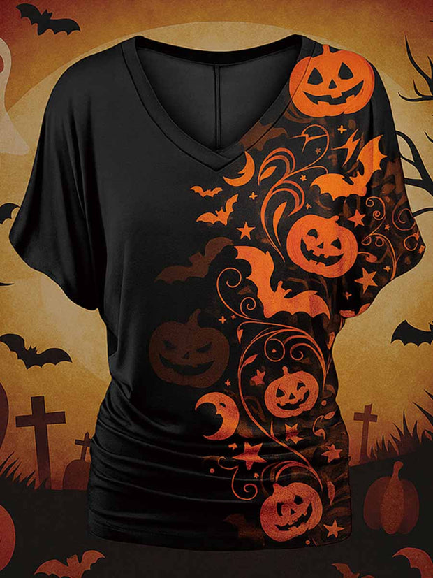 Retro Happy Halloween Floral Printed Vintage Lapel V-Neck Vintage Relaxed Loose Batwing Sleeve Top