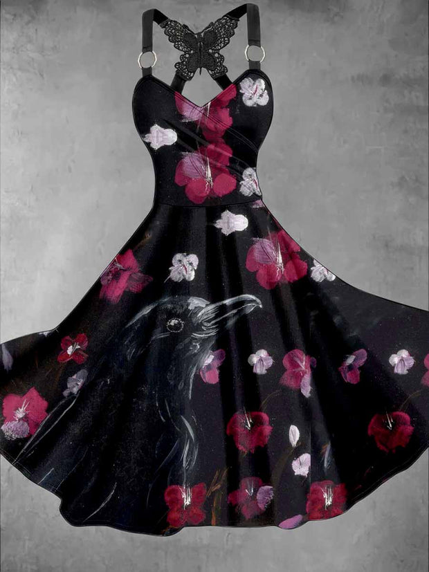 Gothic Crow Art Print Vintage V-Neck Midi Dress