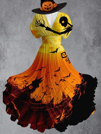Retro Skull Gothic Floral Art Printed Elegant V-Neck Vintage Short Sleeve Maxi Dress