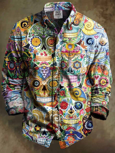 Retro Skull Gothic Art Abstract Printed Cotton Vintage Casual Cotton Long Sleeve Shirt