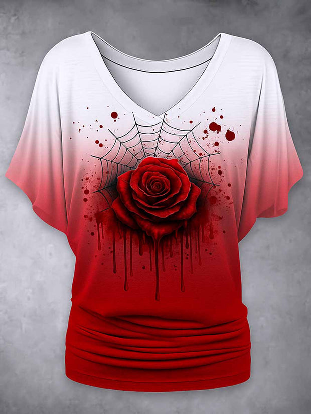 Retro Happy Halloween Floral Printed Vintage Lapel V-Neck Vintage Relaxed Loose Batwing Sleeve Top
