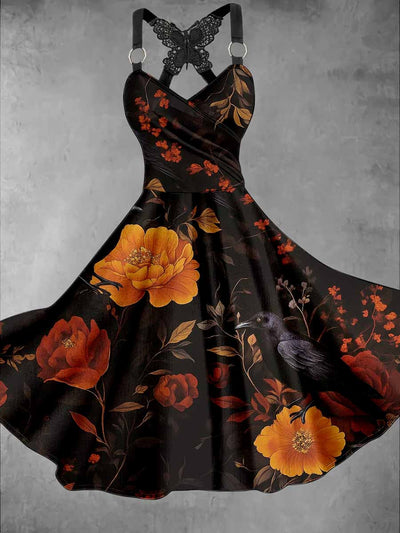 Gothic Crow Art Print Vintage V-Neck Midi Dress