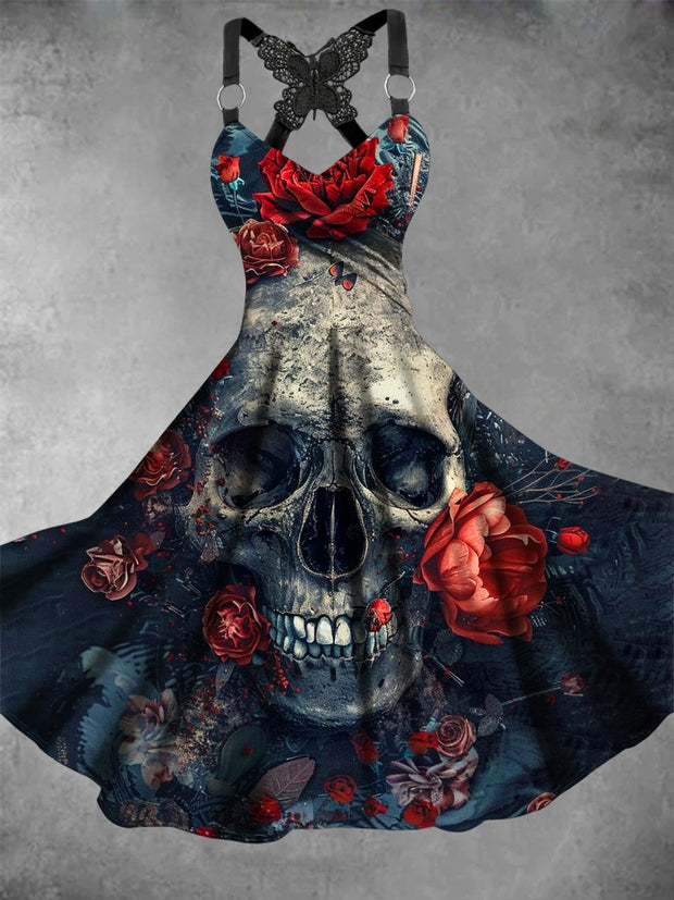 Retro Halloween Gothic Floral Art Printed Vintage V-Neck Pleated Butterfly Cross-Wrap Midi Dress