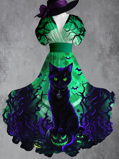Retro Black Cat Art Printed Elegant V-Neck Vintage Batwing Short Sleeve Maxi Dress