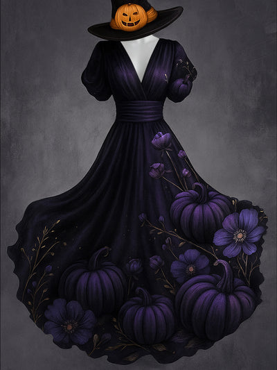 Retro Skull Gothic Floral Art Printed Elegant V-Neck Vintage Short Sleeve Maxi Dress