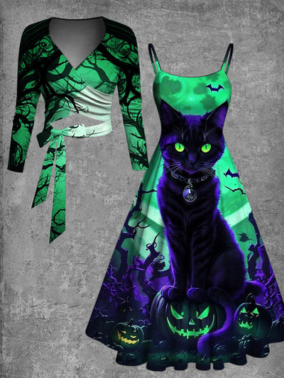 Retro Black Cat Art Printed Vintage Unique Slim Fit Cross Wrap Long Sleeve Two-Piece Midi Dress