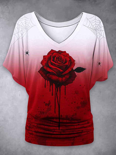 Retro Happy Halloween Floral Printed Vintage Lapel V-Neck Vintage Relaxed Loose Batwing Sleeve Top