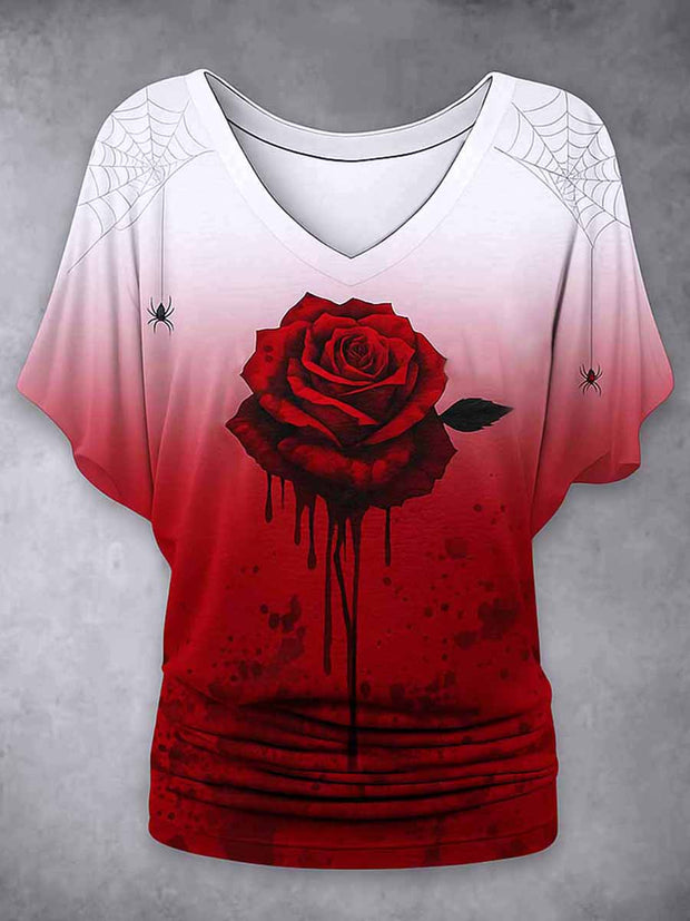 Retro Happy Halloween Floral Printed Vintage Lapel V-Neck Vintage Relaxed Loose Batwing Sleeve Top