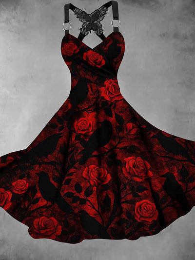 Gothic Crow Floral Art Print Vintage V-Neck Midi Dress