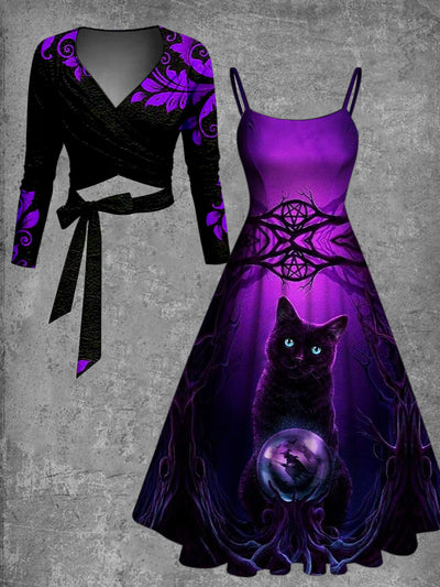 Retro Black Cat Art Printed Vintage Unique Slim Fit Cross Wrap Long Sleeve Two-Piece Midi Dress