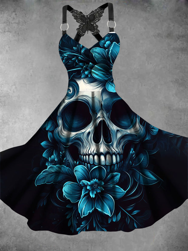 Retro Halloween Gothic Floral Art Printed Vintage V-Neck Pleated Butterfly Cross-Wrap Midi Dress