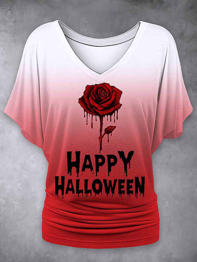 Retro Happy Halloween Floral Printed Vintage Lapel V-Neck Vintage Relaxed Loose Batwing Sleeve Top