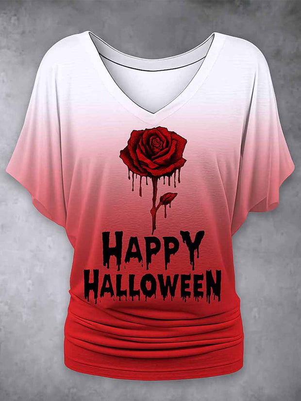 Retro Happy Halloween Floral Printed Vintage Lapel V-Neck Vintage Relaxed Loose Batwing Sleeve Top