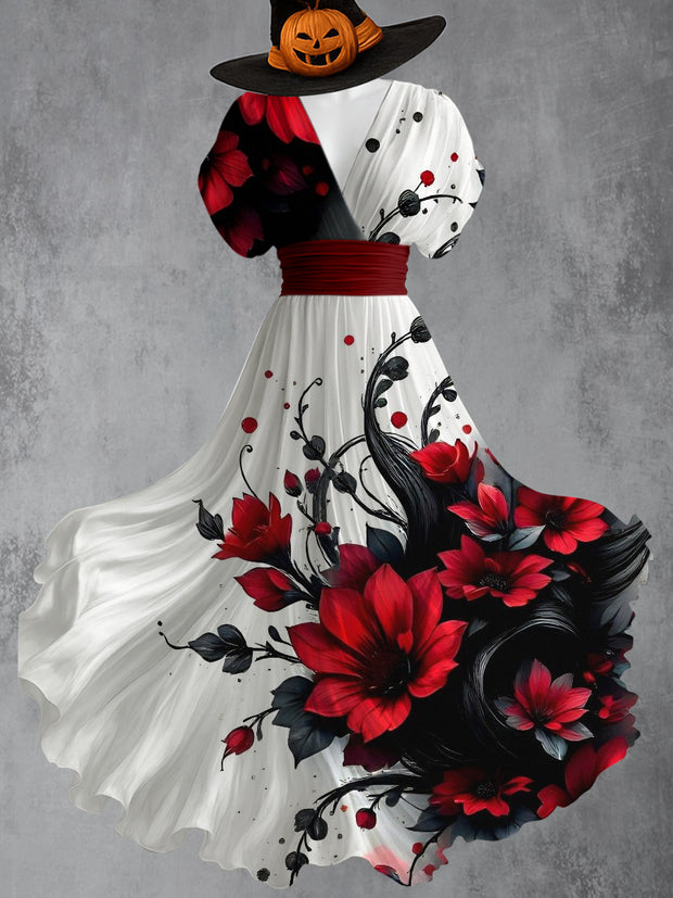 Retro Skull Gothic Floral Art Printed Elegant V-Neck Vintage Short Sleeve Maxi Dress
