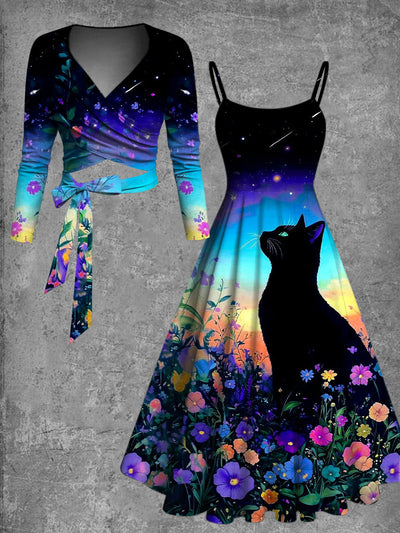 Retro Black Cat Art Printed Vintage Unique Slim Fit Cross Wrap Long Sleeve Two-Piece Midi Dress