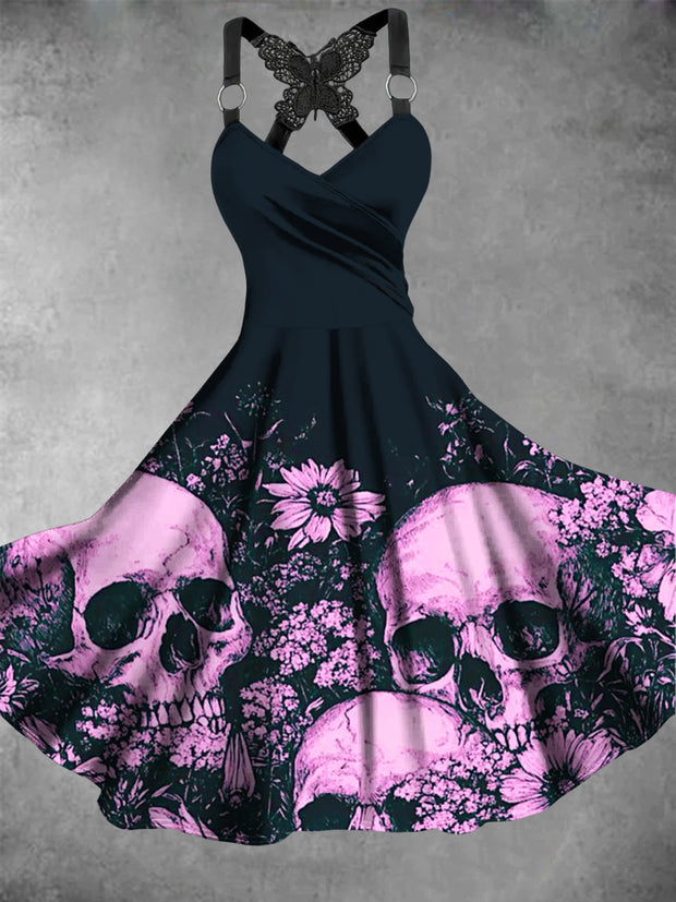Retro Halloween Gothic Floral Art Printed Vintage V-Neck Pleated Butterfly Cross-Wrap Midi Dress
