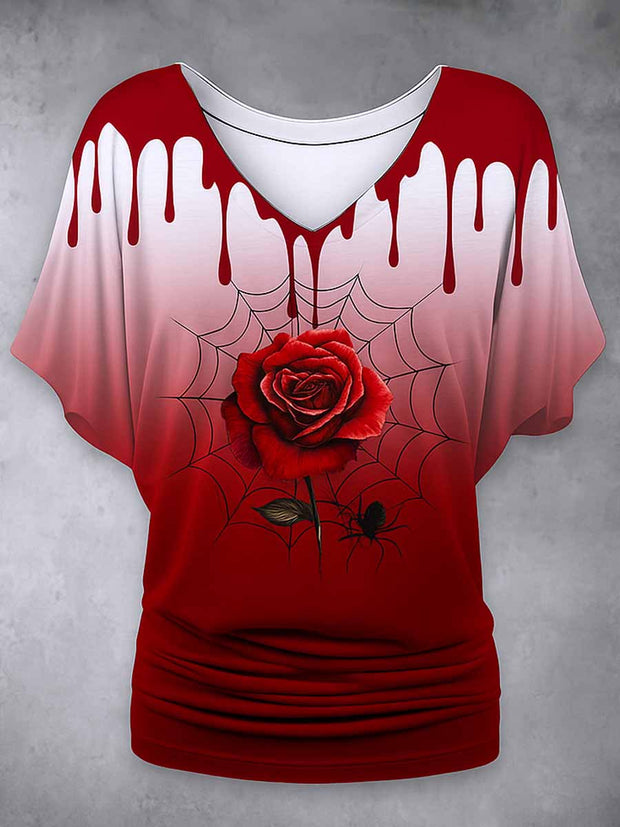 Retro Happy Halloween Floral Printed Vintage Lapel V-Neck Vintage Relaxed Loose Batwing Sleeve Top