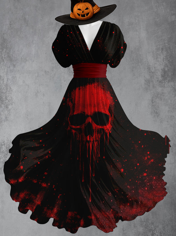Retro Skull Gothic Floral Art Printed Elegant V-Neck Vintage Short Sleeve Maxi Dress