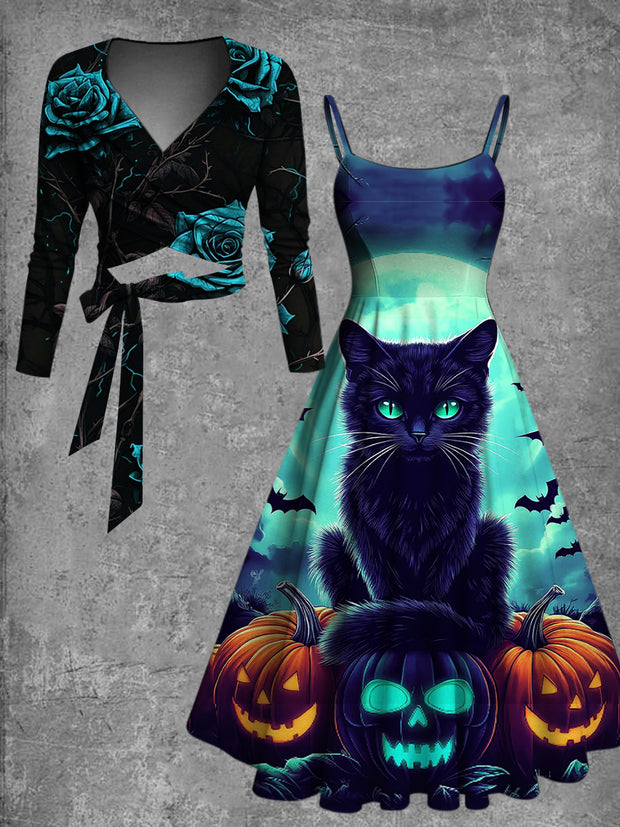 Retro Black Cat Art Printed Vintage Unique Slim Fit Cross Wrap Long Sleeve Two-Piece Midi Dress