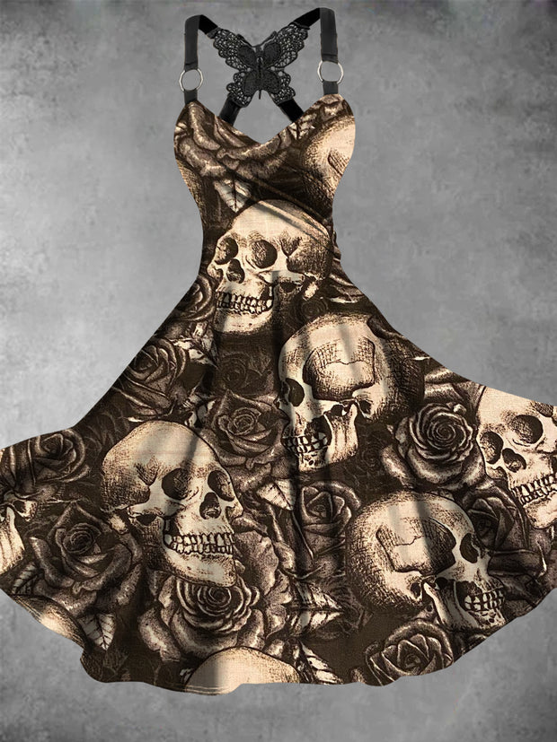 Retro Halloween Gothic Floral Art Printed Vintage V-Neck Pleated Butterfly Cross-Wrap Midi Dress