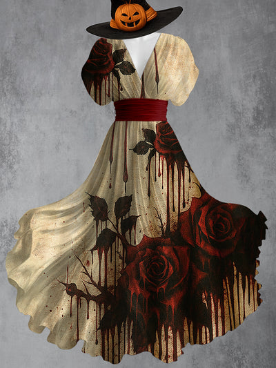 Retro Skull Gothic Floral Art Printed Elegant V-Neck Vintage Short Sleeve Maxi Dress