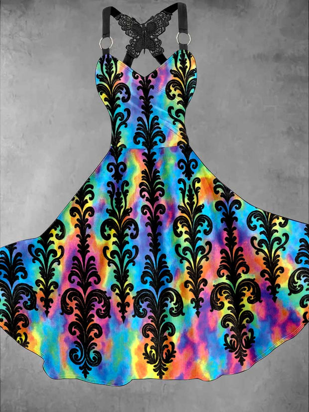 Gothic Floral Art Print Vintage V-Neck Butterfly Cross-Wrap Midi Dress