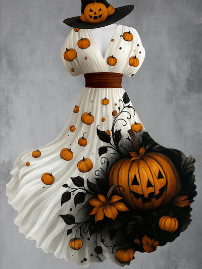 Halloween Pumpkin Art Print V-Neck Vintage Elegant Short Sleeve Maxi Dress
