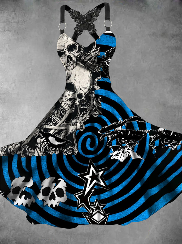 Retro Halloween Gothic Floral Art Printed Vintage V-Neck Pleated Butterfly Cross-Wrap Midi Dress