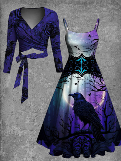 Retro Crow Art Printed Vintage Unique Slim Fit Cross Wrap Long Sleeve Two-Piece Midi Dress