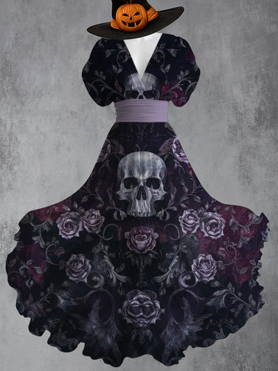 Retro Skull Gothic Floral Art Printed Elegant V-Neck Vintage Short Sleeve Maxi Dress