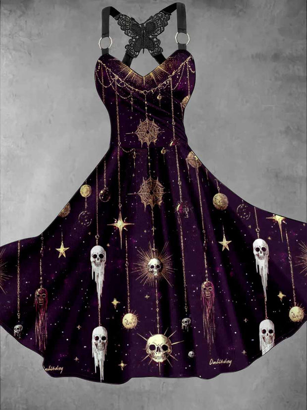 Halloween Gothic Art Print Vintage V-Neck Butterfly Cross-Wrap Midi Dress